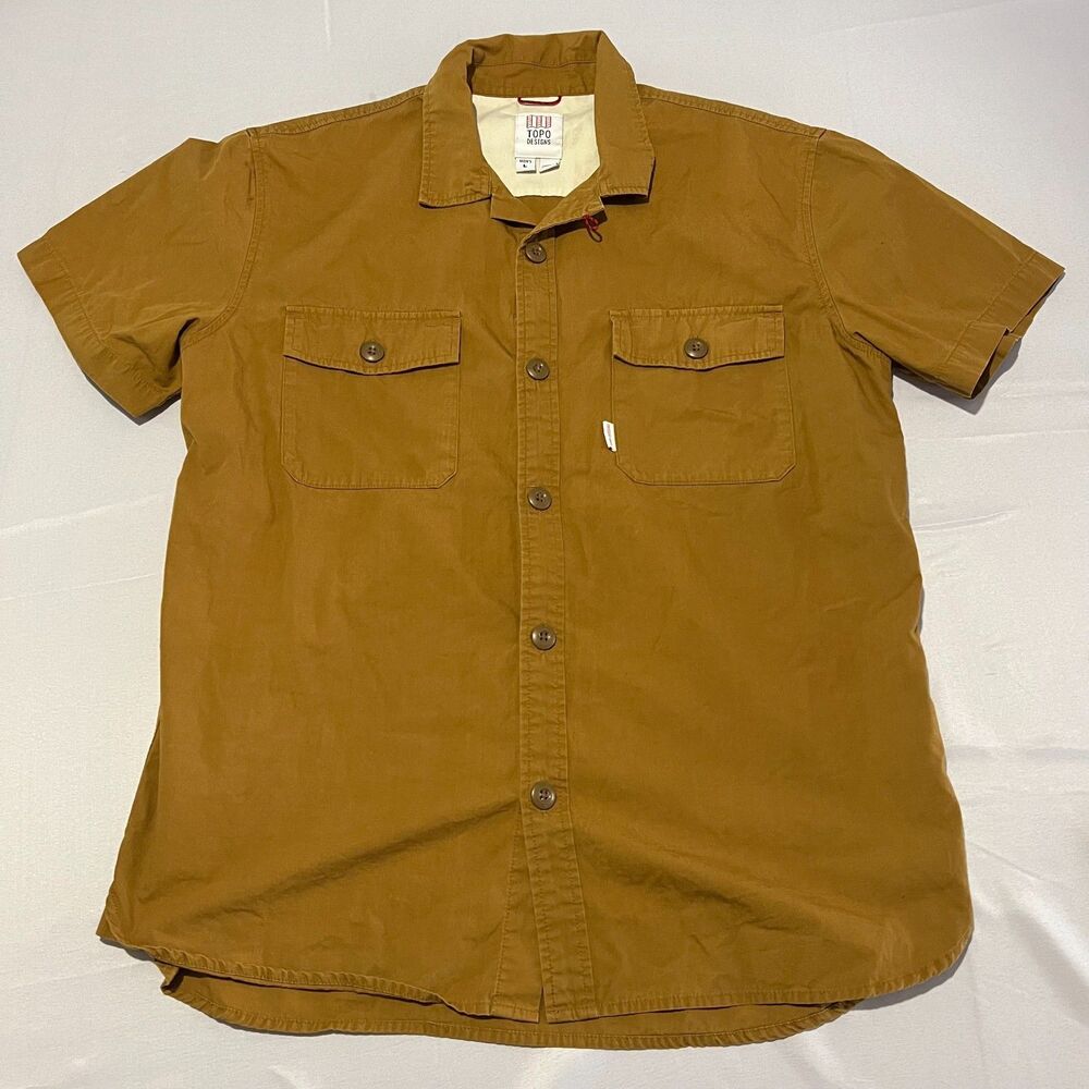 TOPO DESIGNS Men's L Brown Short Sleeve Button Up Shirt Utility Hiking Outdoor
